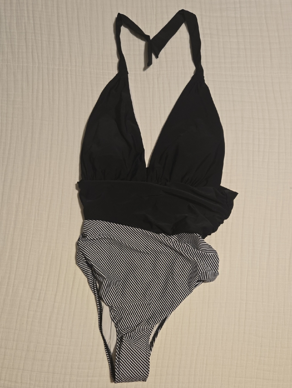 Black Halter One-Piece Swimsuit with Striped Bottom